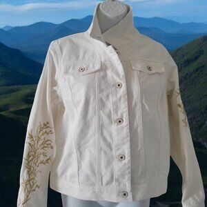 Kate Hill Off White Jean Jacket W Gold Embroidery Button-Up Front SZ 6